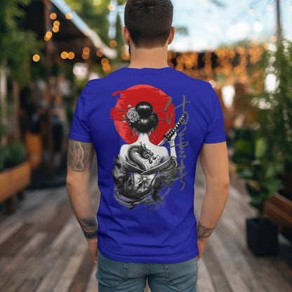 Camiseta Estilo Japonés con Sol Rojo y Geisha