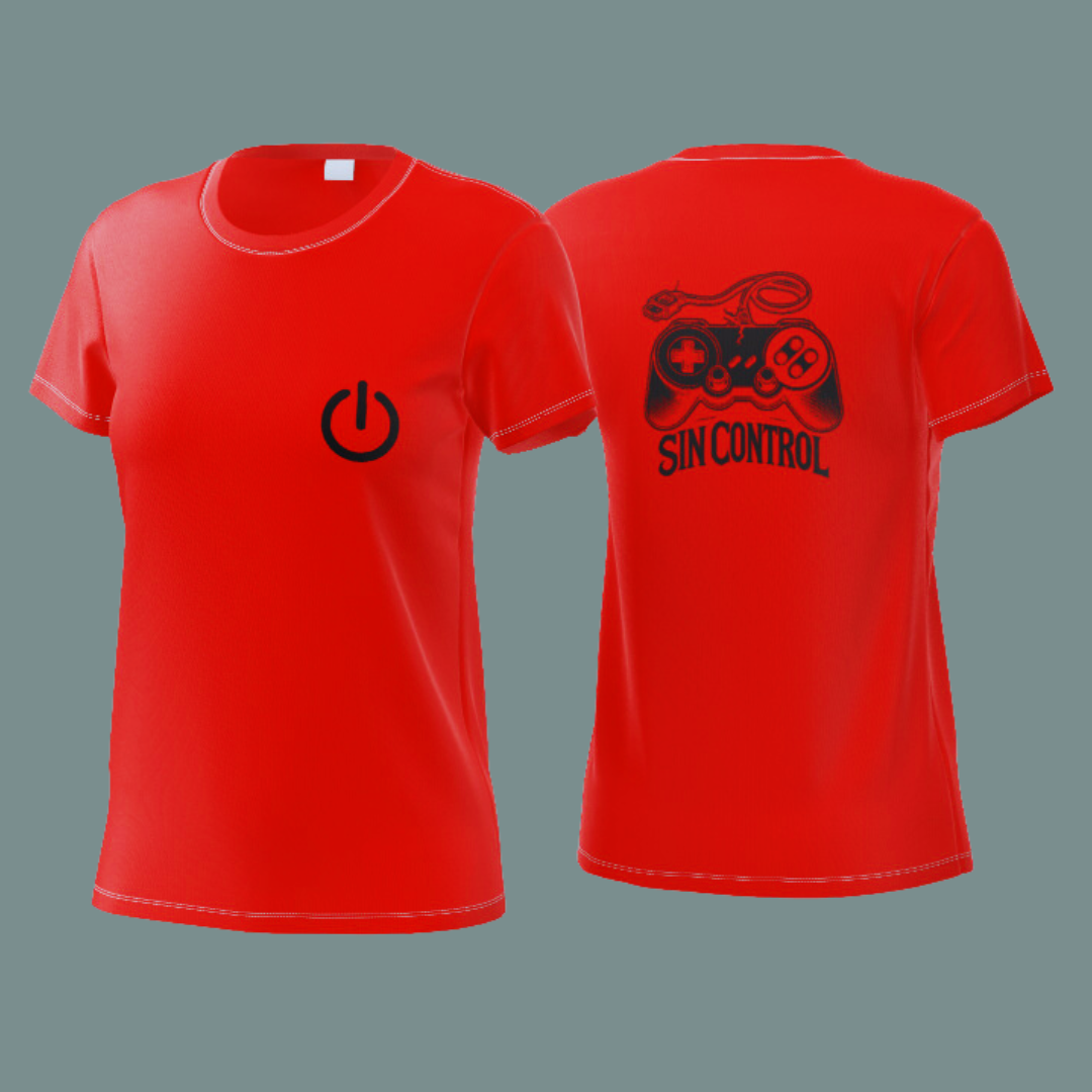 Camiseta Sin Control con diseño de mando clásico retro, ideal para gamers y amantes de los videojuegos.