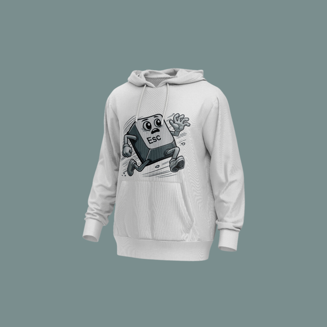 Sudadera Escapista con diseño de tecla ESC corriendo, ideal para geeks, gamers y programadores.