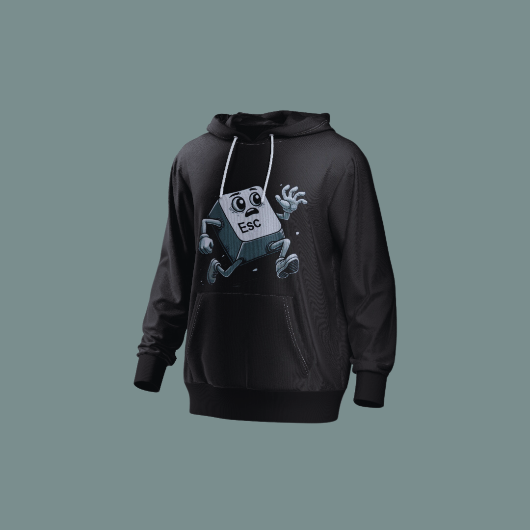 Sudadera Escapista con diseño de tecla ESC corriendo, ideal para geeks, gamers y programadores.