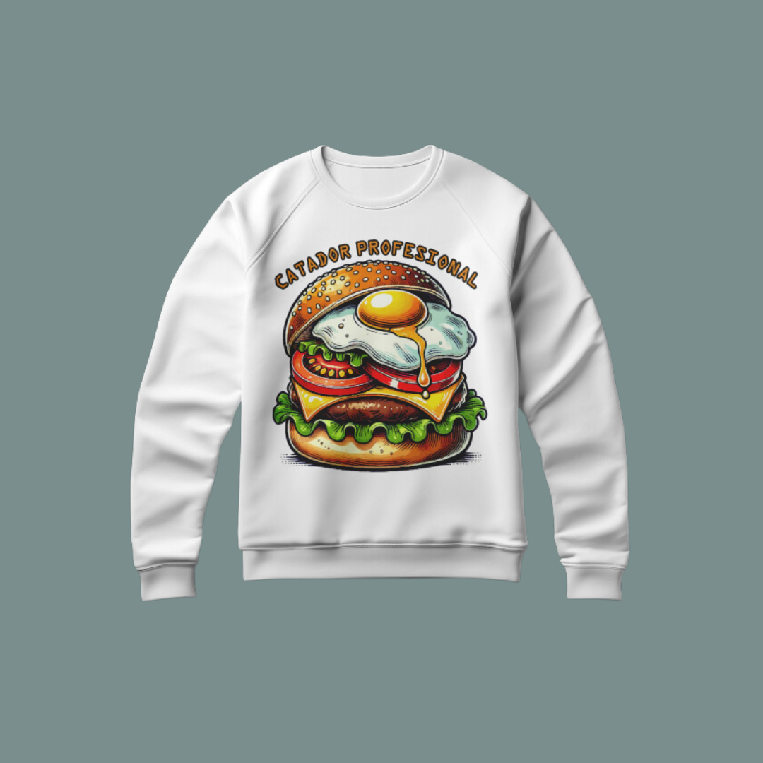 Sudadera blanca con un diseño vectorial de hamburguesa con huevo frito y la frase "Catador Profesional"