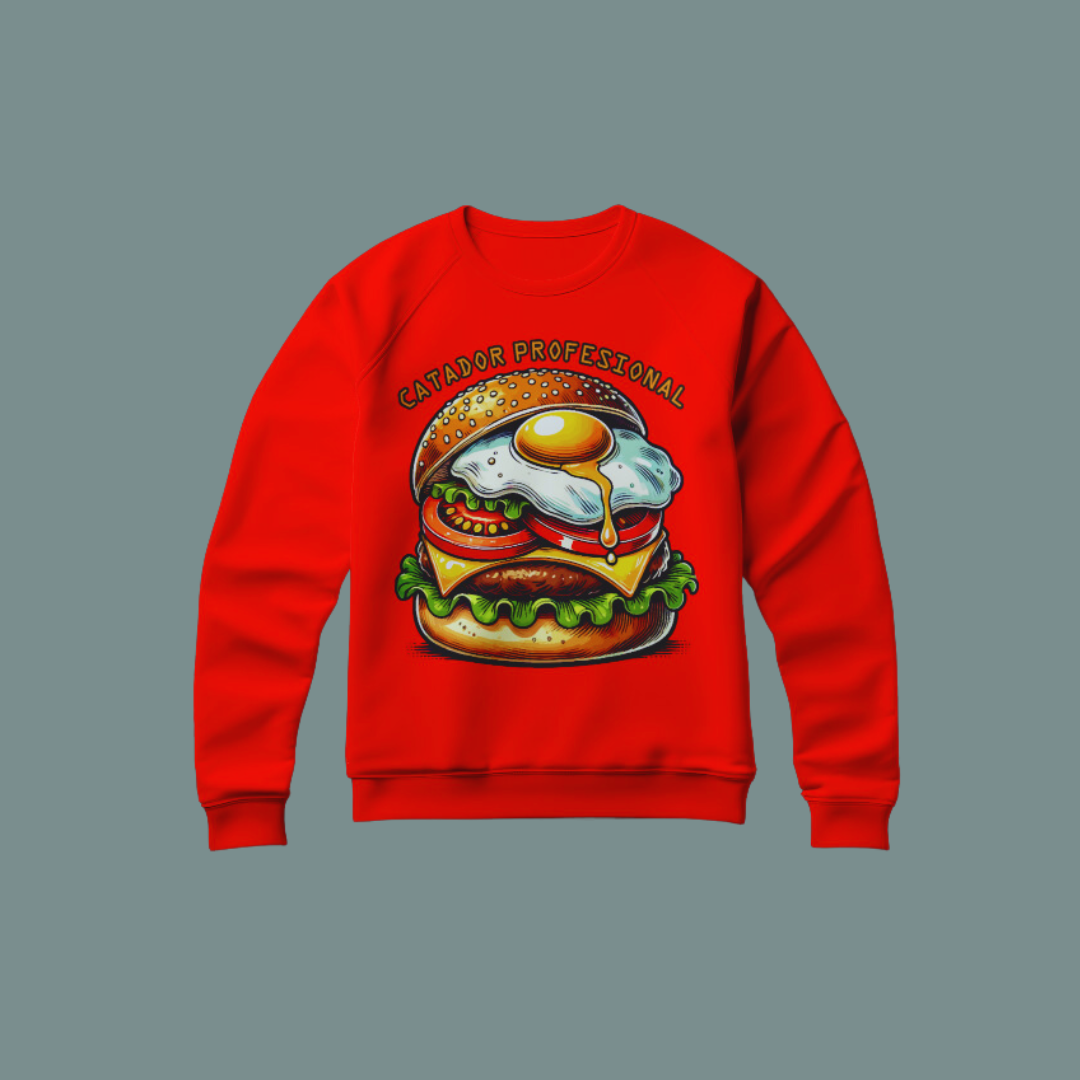 Sudadera blanca con un diseño vectorial de hamburguesa con huevo frito y la frase "Catador Profesional"