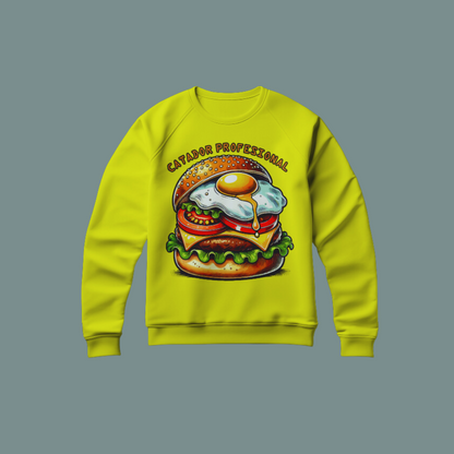 Sudadera blanca con un diseño vectorial de hamburguesa con huevo frito y la frase "Catador Profesional"