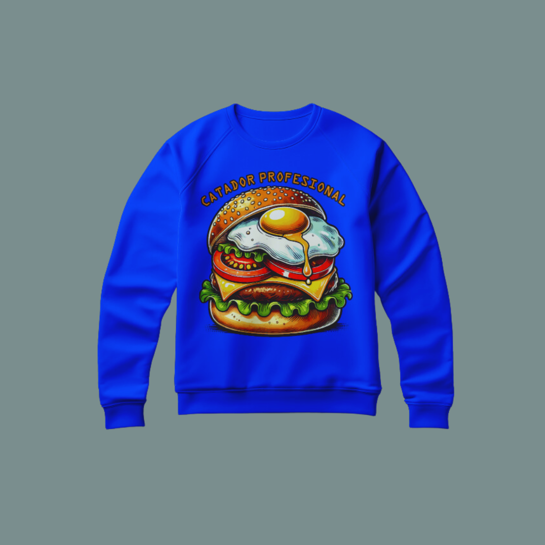 Sudadera blanca con un diseño vectorial de hamburguesa con huevo frito y la frase "Catador Profesional"