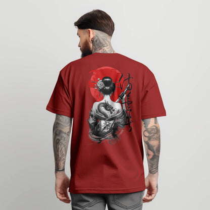 Camiseta Estilo Japonés con Sol Rojo y Geisha