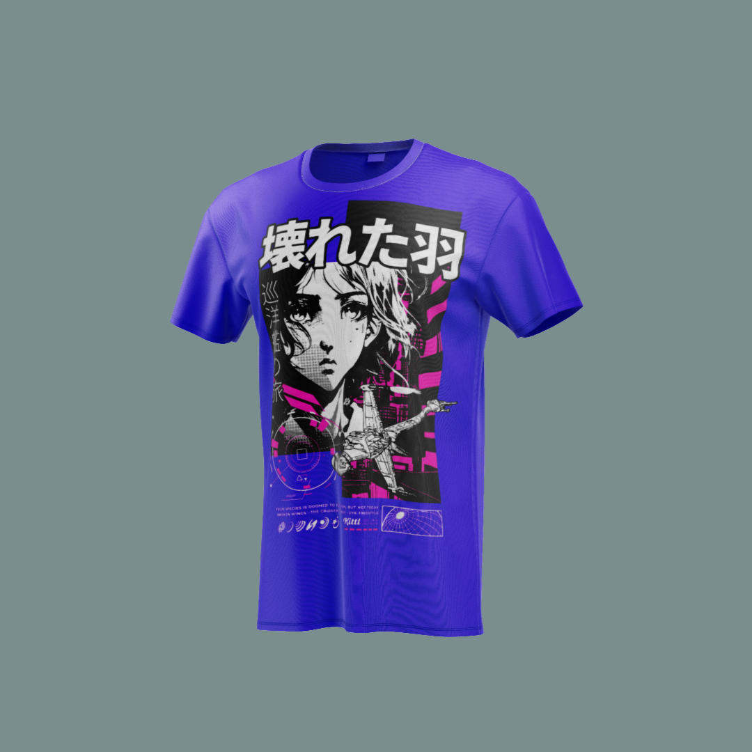 Camiseta azul con diseño cyberpunk de personaje rebelde con guitarra y tipografía japonesa.