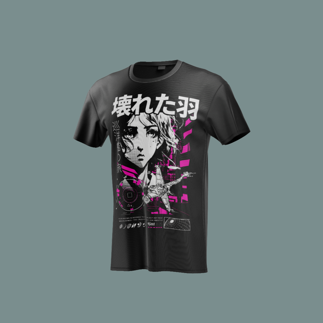  Camiseta negra con diseño cyberpunk de personaje rebelde con guitarra y tipografía japonesa.