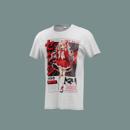 Camiseta blanca con diseño de chica en vestido rojo con estilo anime y detalles urbanos.