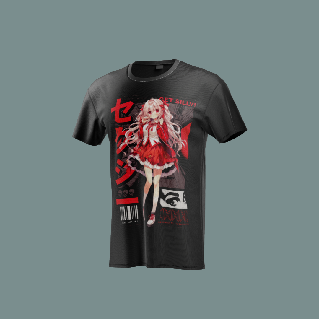 Camiseta negra con diseño de chica en vestido rojo con estilo anime y detalles urbanos.