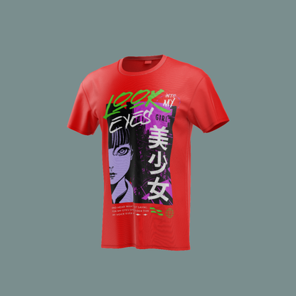 Camiseta roja con diseño de rostro femenino y tipografía en tonos neón, estilo cyberpunk.