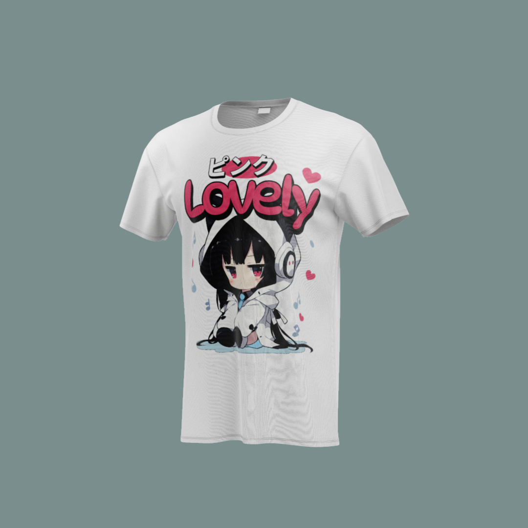 Camiseta blanca con diseño kawaii de una chica con sudadera y expresión melancólica.