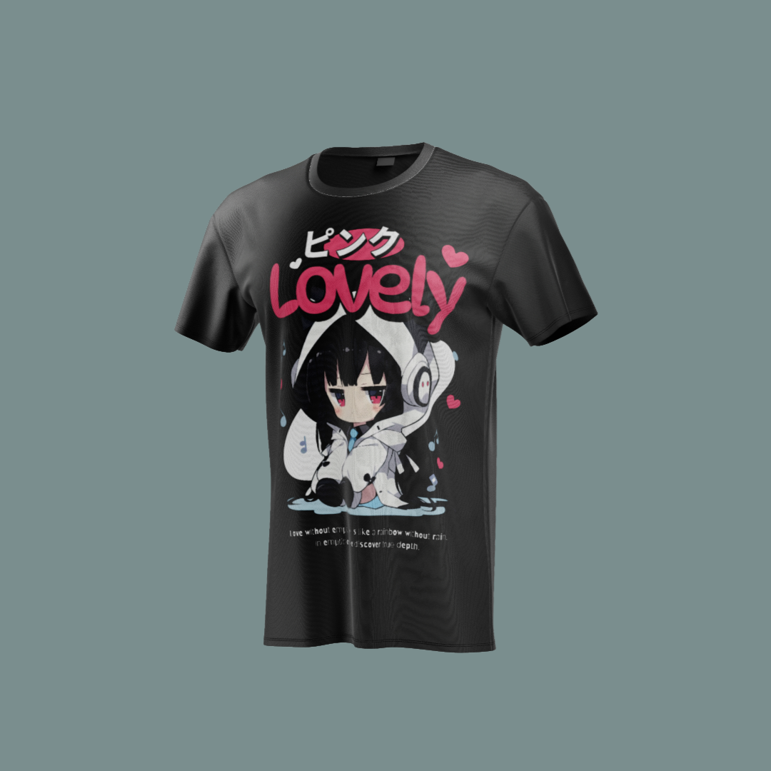 Camiseta negra con diseño kawaii de una chica con sudadera y expresión melancólica.