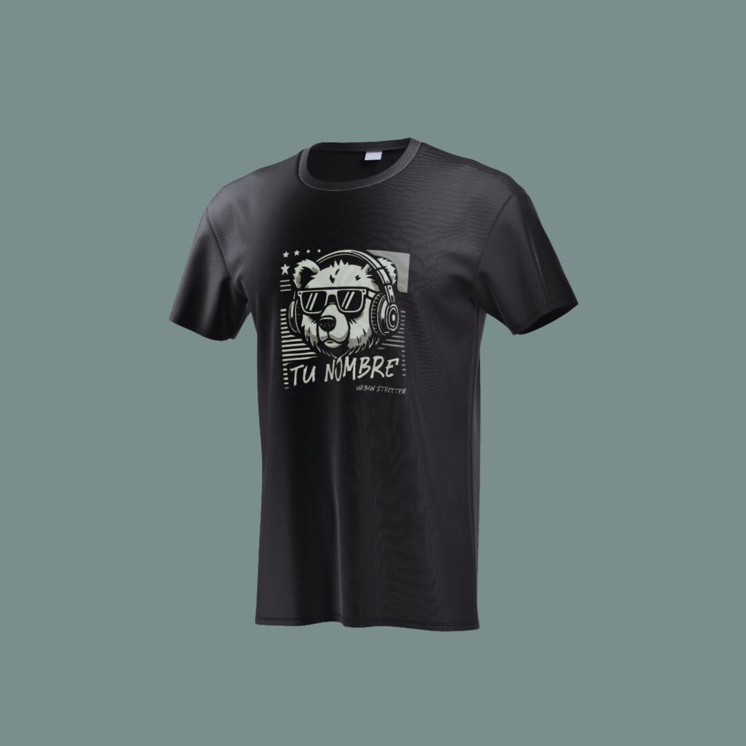 Camiseta negra con diseño personalizable de oso con gafas y auriculares.