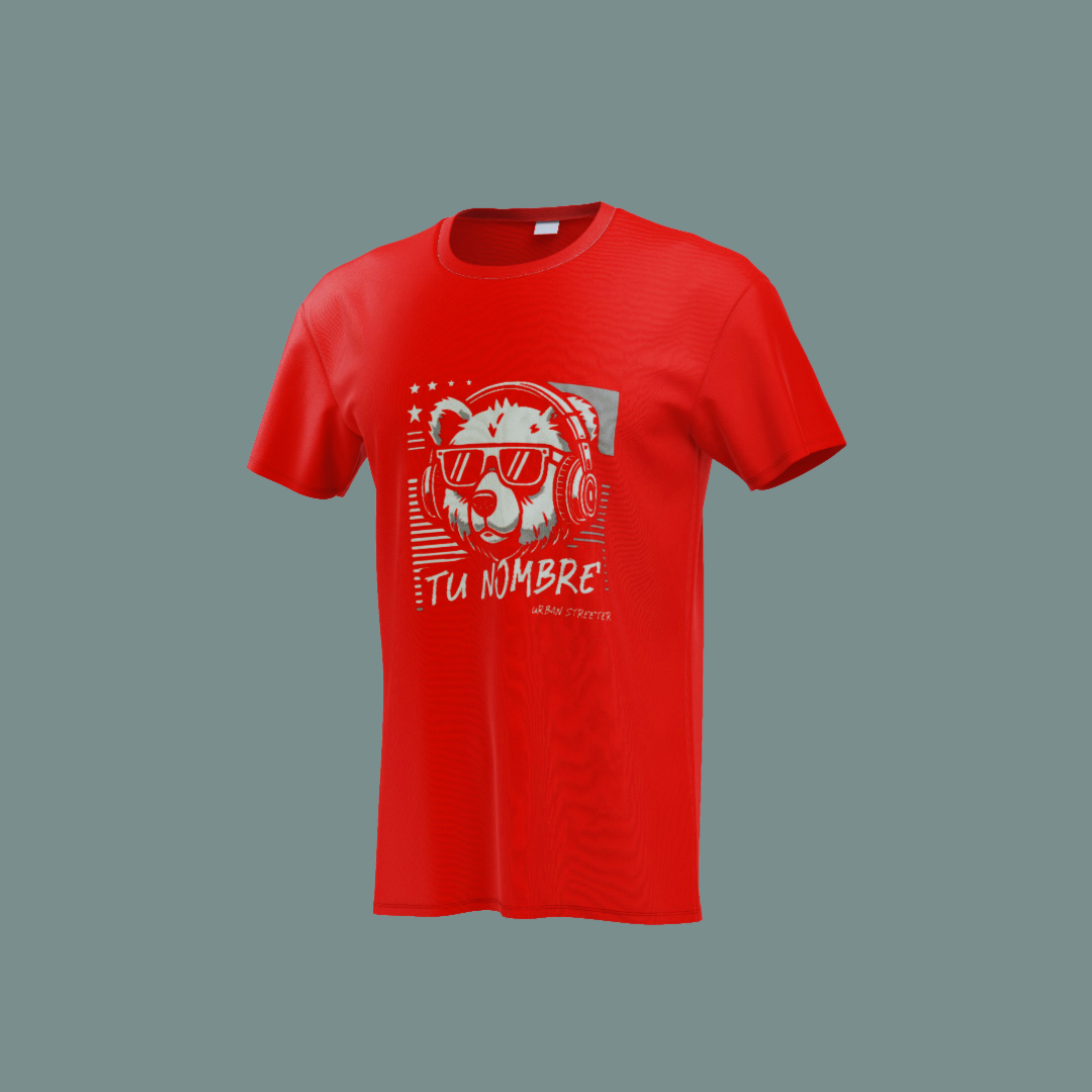 Camiseta roja con diseño personalizable de oso con gafas y auriculares.