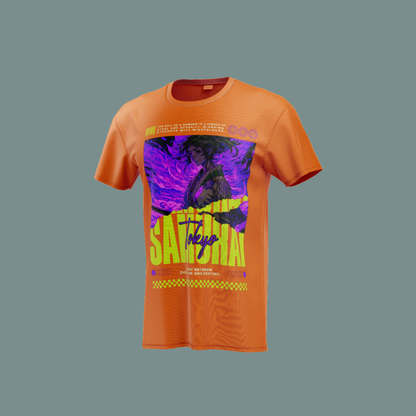 Camiseta naranja con diseño de samurái en tonos morados y verdes, estilo neo-japonés.