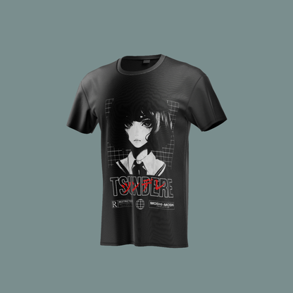 Camiseta negra con diseño de chica tsundere en blanco y negro con detalles rojos.