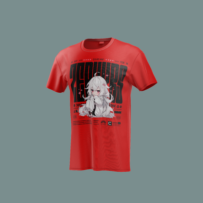 Camiseta roja con diseño de ilustración femenina y tipografía futurista en negro.