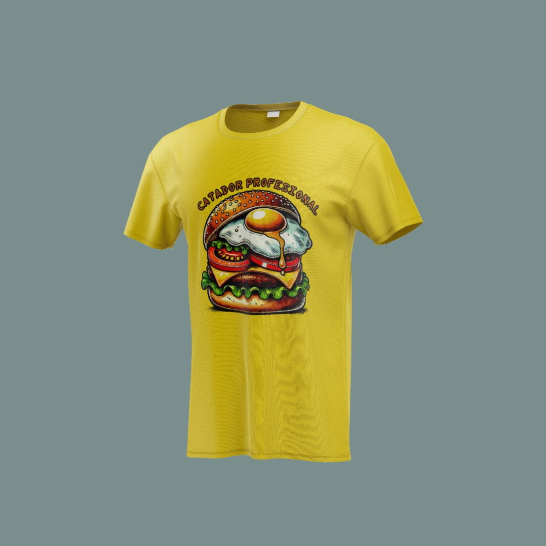 Camiseta Catador Profesional con diseño de hamburguesa jugosa y huevo frito, ideal para foodies y amantes de la comida