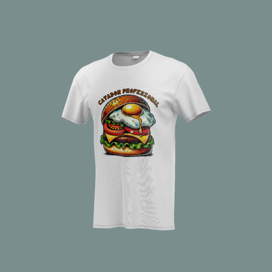 Camiseta Catador Profesional con diseño de hamburguesa jugosa y huevo frito, ideal para foodies y amantes de la comida.