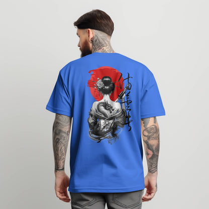 Camiseta Estilo Japonés con Sol Rojo y Geisha