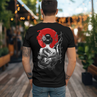 Camiseta Estilo Japonés con Sol Rojo y Geisha