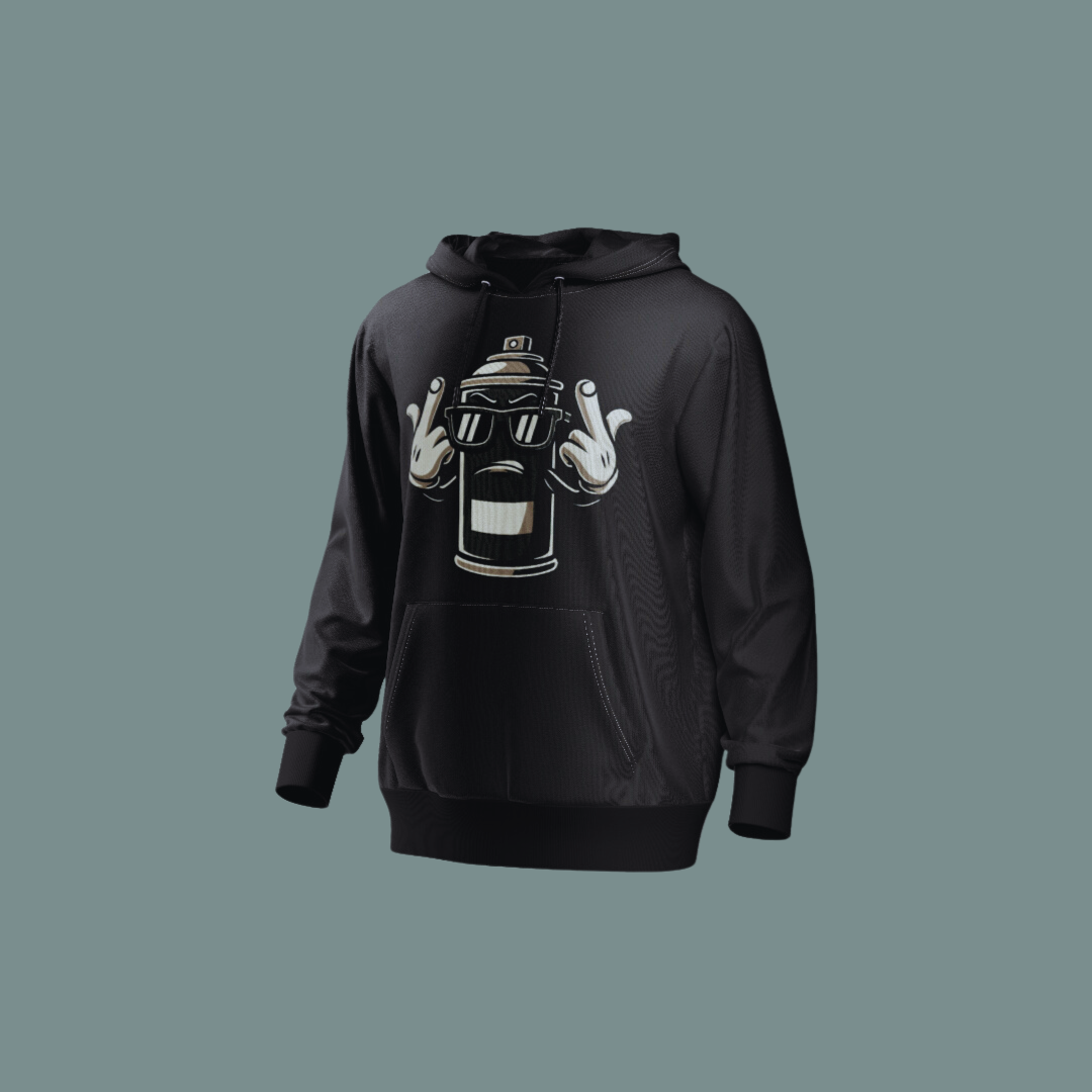 Sudadera negra con capucha y diseño urbano de graffiti, con un bote de pintura animado en un estilo streetwear audaz.