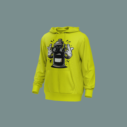 Sudadera con capucha amarilla con un diseño vibrante de un bote de spray rebelde, ideal para los amantes del arte urbano.