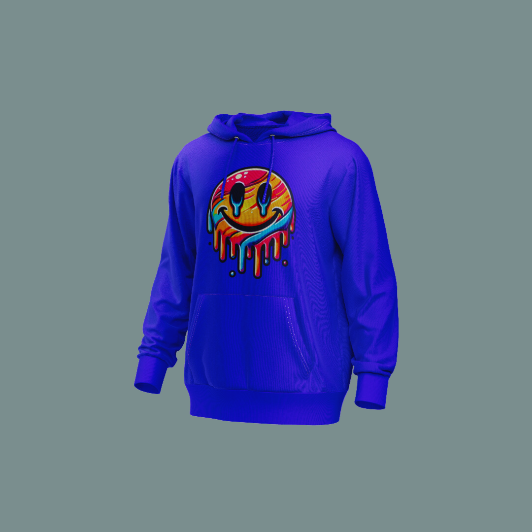 udadera con capucha azul vibrante con un diseño psicodélico de una cara sonriente goteante, ideal para un look urbano y llamativo.