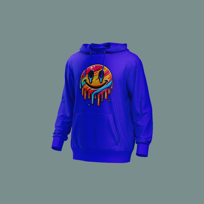 udadera con capucha azul vibrante con un diseño psicodélico de una cara sonriente goteante, ideal para un look urbano y llamativo.