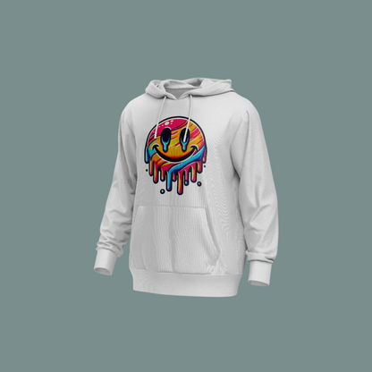 Sudadera blanca con capucha y diseño de una cara sonriente con efecto de pintura derretida en colores vivos.