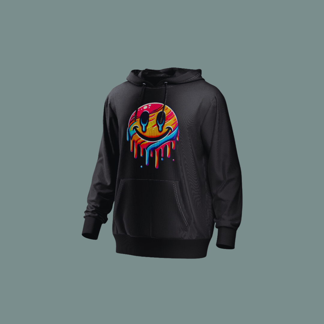 Sudadera con capucha negra con un diseño llamativo de una cara sonriente con efecto de pintura derretida en colores vivos.