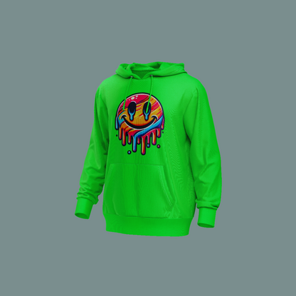 Sudadera con capucha verde neón con diseño de una cara sonriente derretida en un estilo psicodélico vibrante.