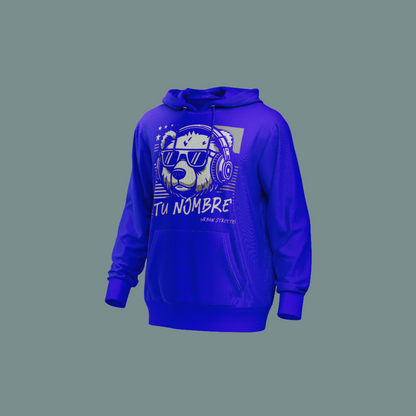 Sudadera con capucha azul con diseño personalizable de un oso con gafas y auriculares.