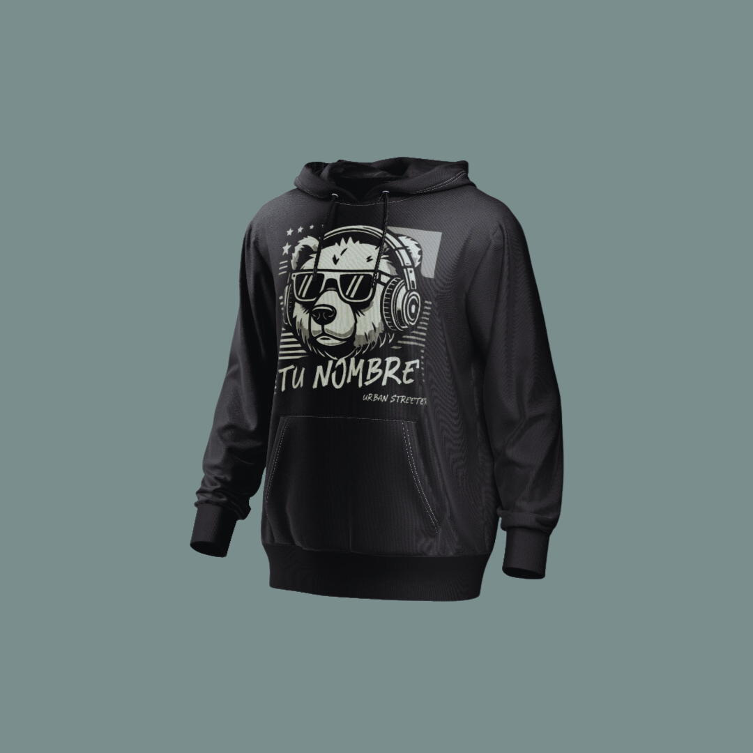 Sudadera con capucha negra con diseño personalizable de un oso con gafas y auriculares.